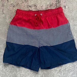 Men’s Red White Blue Stripe Patriotic Jake Austin Swim Trunks Boardshorts Sz M